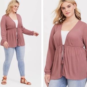Torrid Kimono Style Tie Waist Open Cardigan with Tassels